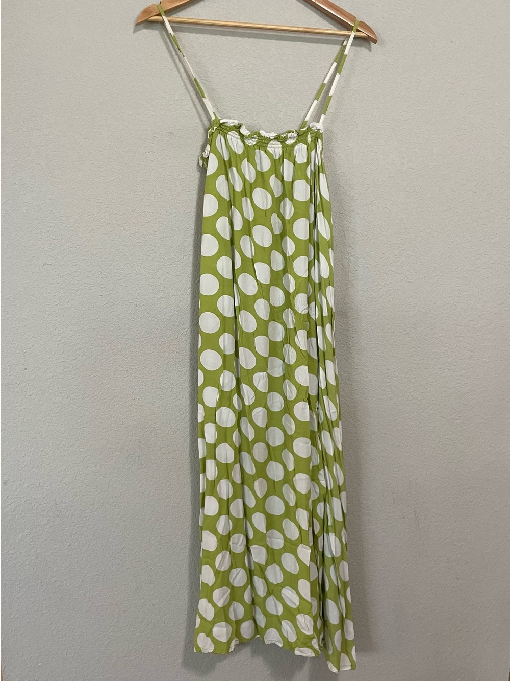 Green and White Polka Dot Tie Back Midi Dress chartreuse lime summer sundress sm